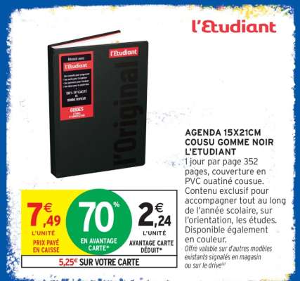 AGENDA 15X21CM COUSU GOMME NOIR L'ETUDIANT