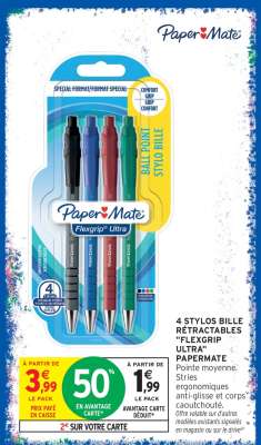 4 STYLOS BILLE RÉTRACTABLES "FLEXGRIP ULTRA" PAPERMATE
