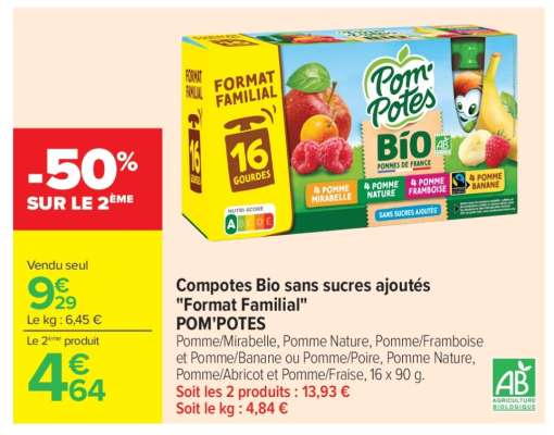 Compotes Bio sans sucres ajoutés "Format Familial" POM'POTES