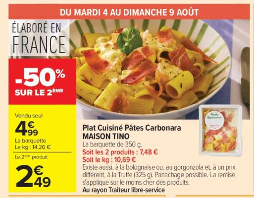 Plat cuisiné pâtes carbonara MAISON TINO