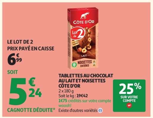 TABLETTES AU CHOCOLAT AU LAIT ET NOISETTES CÔTE D'OR
