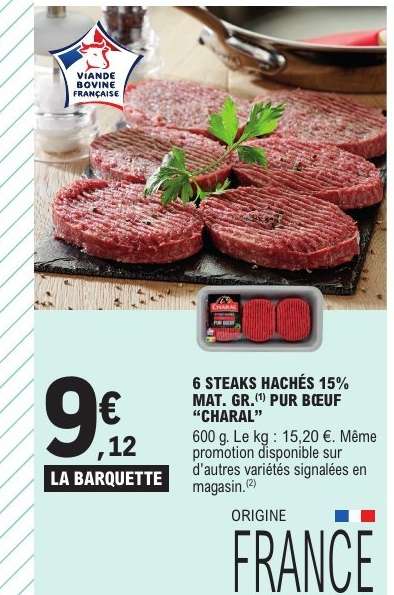 6 STEAKS HACHÉS 15% MAT. GR. PUR BŒUF 'CHARAL'