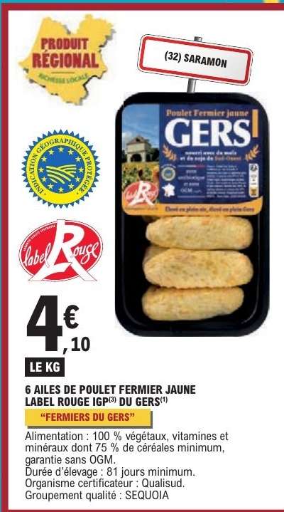 6 AILES DE POULET FERMIER JAUNE LABEL ROUGE IGP® DU GERS®