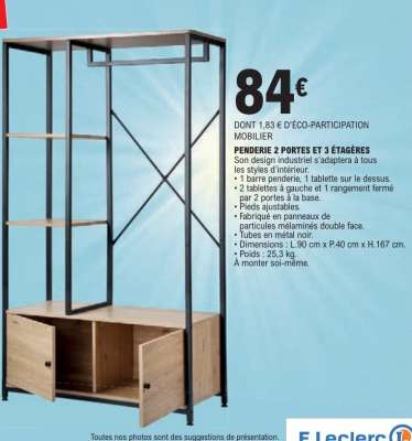 PENDERIE 2 PORTES ET 3 ÉTAGÈRES