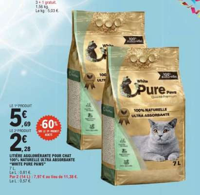 Litière agglomérante pour chat 100% naturelle ultra absorbante 'White Pure Paws'