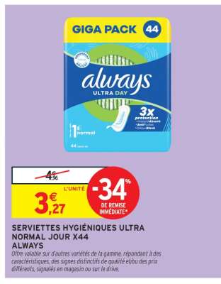 SERVIETTES HYGIÉNIQUES ULTRA NORMAL JOUR X44 ALWAYS