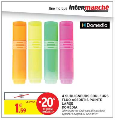 4 SURLIGNEURS COULEURS FLUO ASSORTIS POINTE LARGE DOMÉDIA