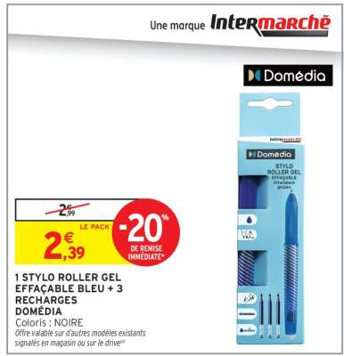 1 STYLO ROLLER GEL EFFAÇABLE BLEU + 3 RECHARGES DOMÉDIA