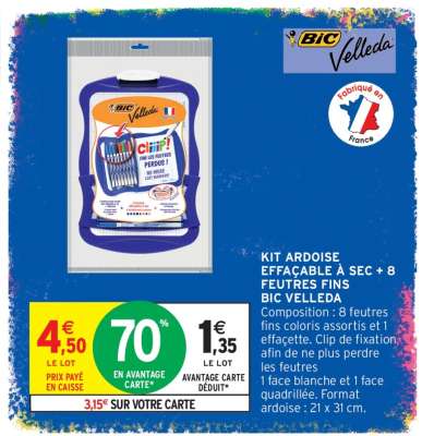 KIT ARDOISE EFFACÇABLE A SEC + 8 FEUTRES FINS BIC VELLEDA