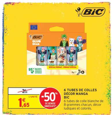 6 TUBES DE COLLES DÉCOR MANGA BIC