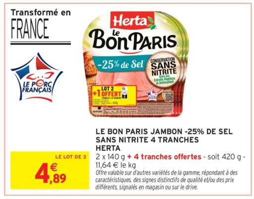 LE BON PARIS JAMBON -25% DE SEL SANS NITRITE 4 TRANCHES HERTA
