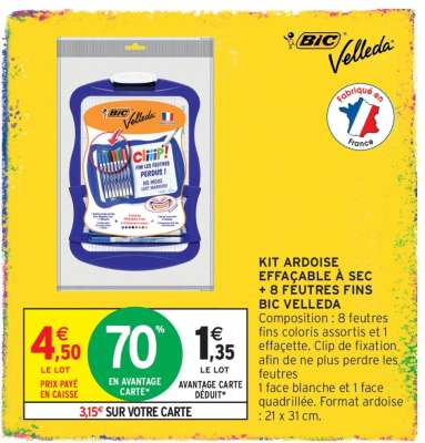 KIT ARDOISE EFFAÇABLE A SEC + 8 FEUTRES FINS BIC VELLEDA