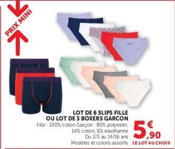 Lot de 6 slips fille ou lot de 3 boxers garçon