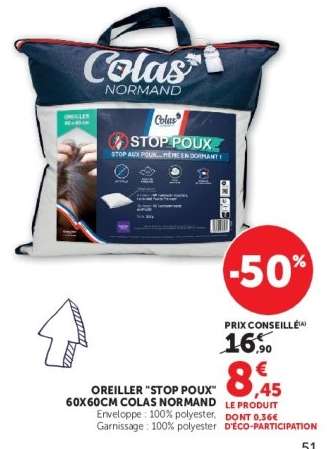 OREILLER 'STOP POUX' 60X60CM COLAS NORMAND