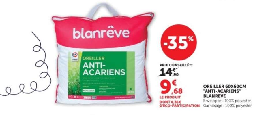 OREILLER 60X60CM "ANTI-ACARIENS" BLANRÊVE