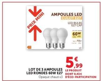 LOT DE 3 AMPOULES LED RONDES 60W E27