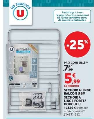 SECHOIR A LINGE BALCON U 6M / SECHOIR A LINGE PORTE/ DOUCHE U