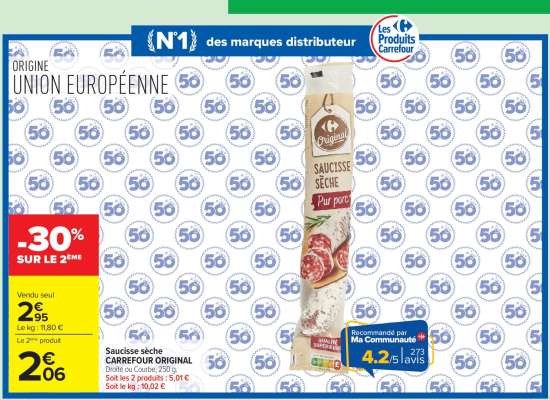 Saucisse sèche CARREFOUR ORIGINAL