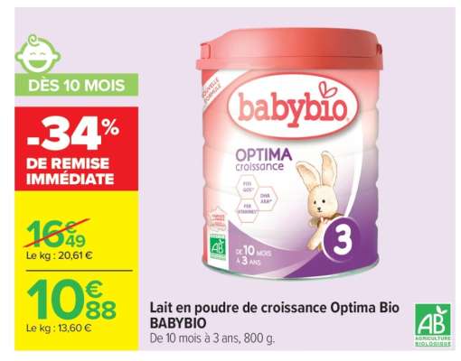 Lait en poudre de croissance Optima Bio BABYBIO