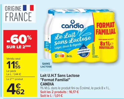 Lait U.H.T Sans Lactose "Format Familial" CANDIA