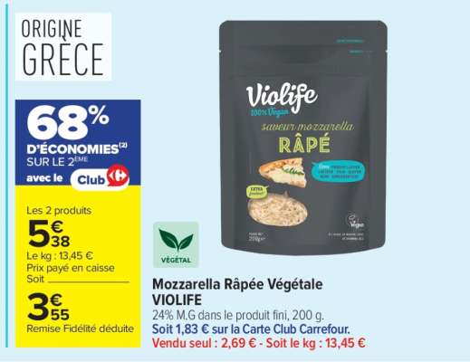 Mozzarella Râpée Végétale VIOLIFE