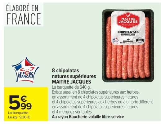 8 chipolatas natures supérieures MAITRE JACQUES