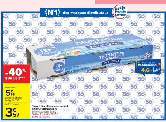 Thon entier albacore au naturel CARREFOUR CLASSIC'