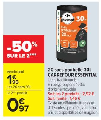20 sacs poubelle 30L CARREFOUR ESSENTIAL