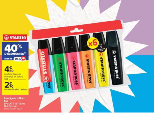 6 surligneurs Boss fluo