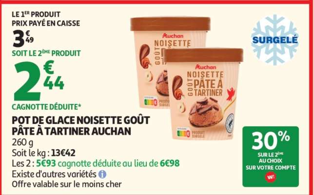 POT DE GLACE NOISETTE GOÛT PÂTE À TARTINER AUCHAN