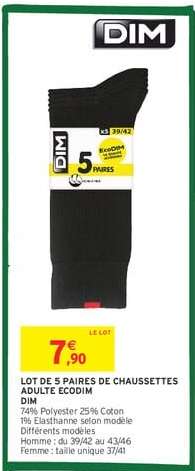 LOT DE 5 PAIRES DE CHAUSSETTES ADULTE ECODIM