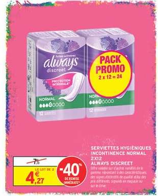 SERVIETTES HYGIÉNIQUES INCONTINENCE NORMAL 2X12 ALWAYS DISCREET