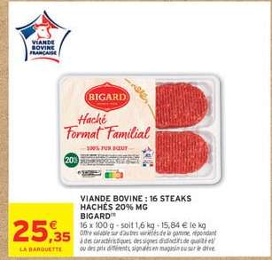 VIANDE BOVINE : 16 STEAKS HACHÉS 20% MG BIGARD