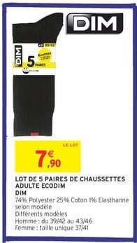 LOT DE 5 PAIRES DE CHAUSSETTES ADULTE ECODIM