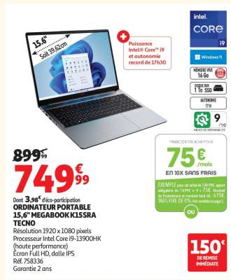 ORDINATEUR PORTABLE 15,6" MEGABOOK K15SRA TECNO