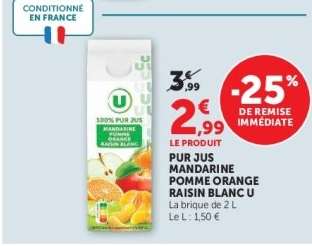 PUR JUS MANDARINE POMME ORANGE RAISIN BLANC U