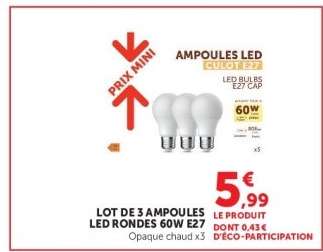 LOT DE 3 AMPOULES LED RONDES 60W E27