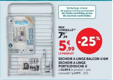 SECHOIR A LINGE BALCON U 6M / SECHOIR A LINGE PORTE/ DOUCHE U