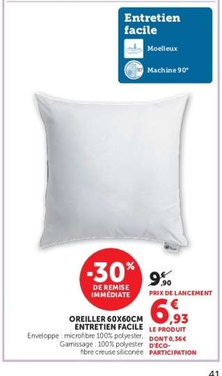 OREILLER 60X60CM ENTRETIEN FACILE