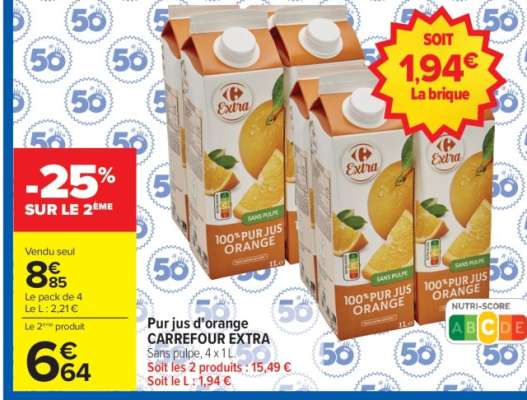 Pur jus d'orange CARREFOUR EXTRA