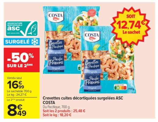 Crevettes cuites décortiquées surgelées ASC COSTA