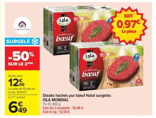 Steaks hachés pur bœuf Halal surgelés ISLA MONDIAL