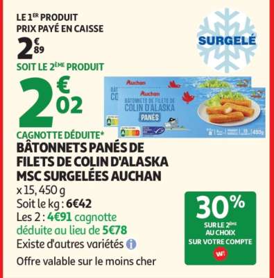BÂTONNETS PANÉS DE FILETS DE COLIN D'ALASKA MSC SURGELÉES AUCHAN