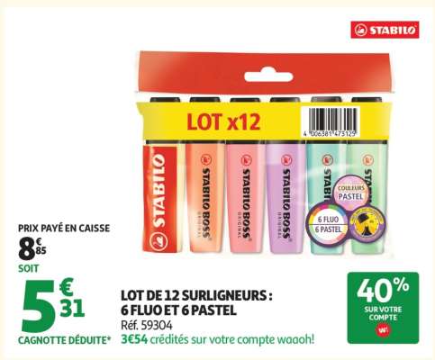 LOT DE 12 SURLIGNEURS : 6 FLUO ET 6 PASTEL