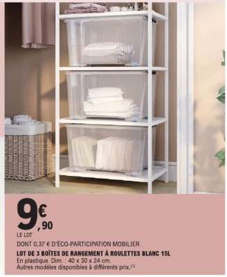 LOT DE 3 BOÎTES DE RANGEMENT À ROULETTES BLANC 15L