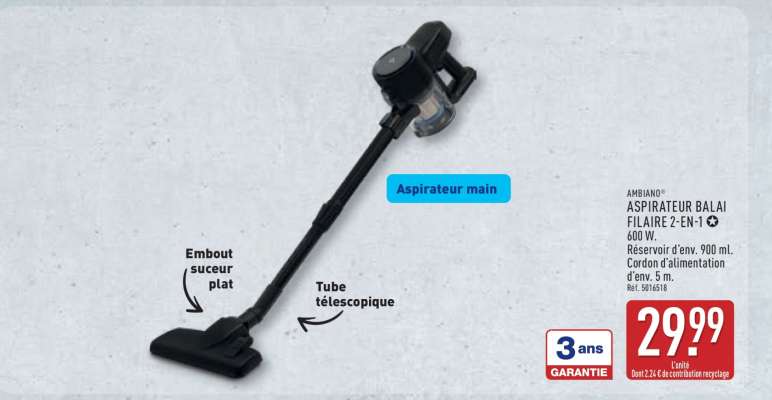 AMBIANO ASPIRATEUR BALAI FILAIRE 2-EN-1