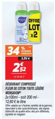 DÉODORANT COMPRESSÉ FLEUR DE COTON TOUTE LÉGÈRE MONSAVON