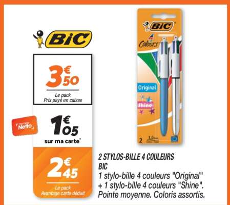 2 STYLOS-BILLE 4 COULEURS BIC