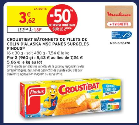 Croustibat Bâtonnets de Filets de Colin d'Alaska MSC Panés Surgelés Findus