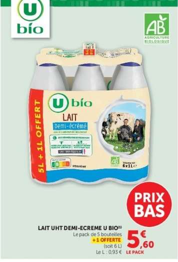 Lait UHT Demi Écrémé U Bio